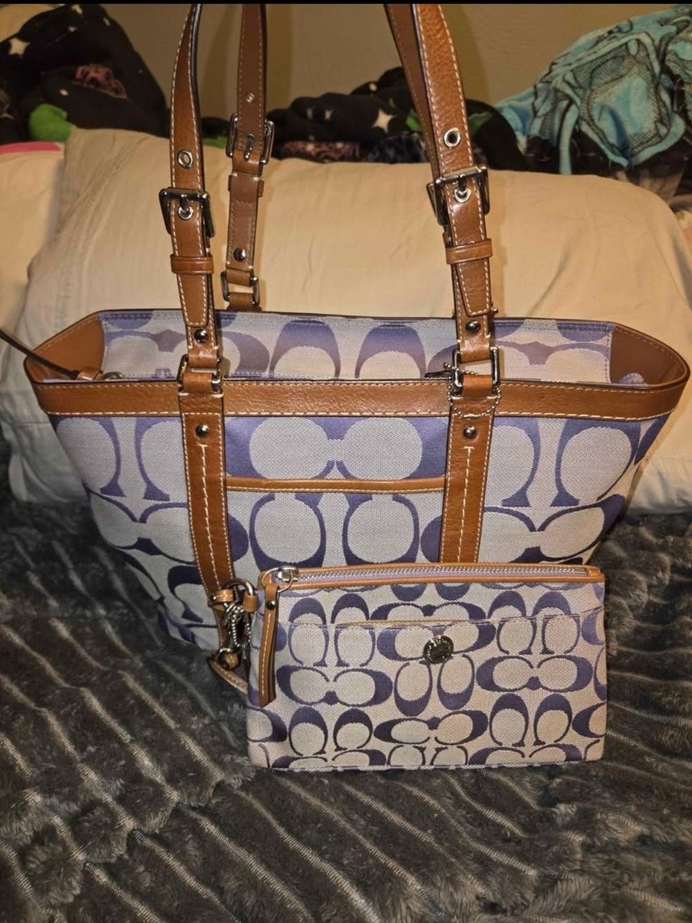 Coach Lavendar Signature Canvas Tote with Brown Leather Trim and Wristlet